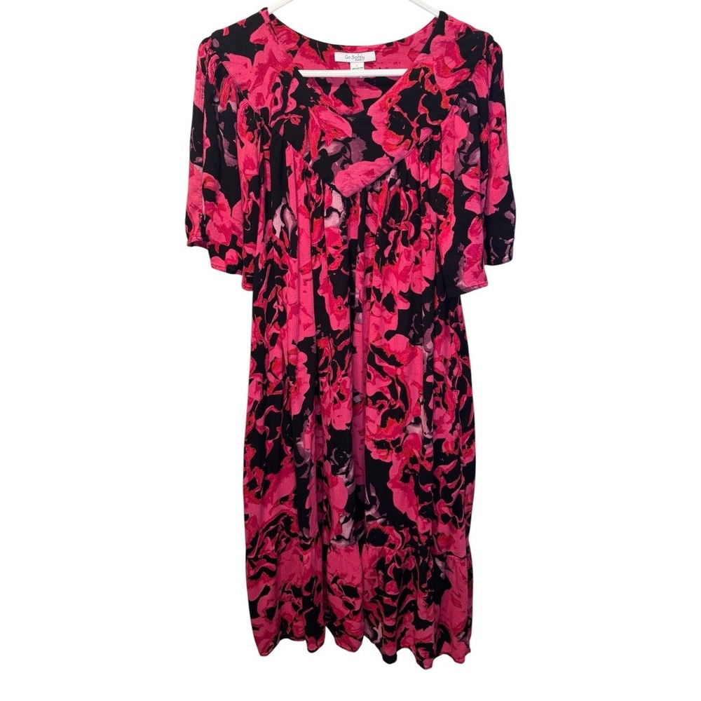 Go Softly Patio Womens Pink Floral Pockets Rayon Muumuu Dress L Lightweight